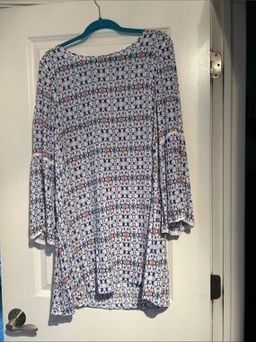 Roxy Blue White Geometric Bell-Sleeve Tunic with Orange Accents